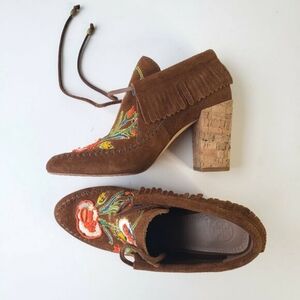 Tory Burch Huntington Cognac Suede leather embroidered fringe heel booties